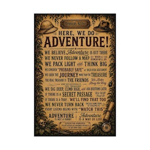 Here We Do Adventure Sign | Vintage Adventure Wall Art | Explorer Office Decor | Adventure Manifesto Poster | Explorer Gift