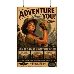 Könnte beinhalten: Ein Poster im Vintage-Stil mit dem Titel ADVENTURE Needs YOU! zeigt einen Entdecker mit Tropenhelm, der den Arm beugt. Der Hintergrund zeigt einen Globus, ein Flugzeug, Berge und ein Schiff. Der Text umfasst JOIN THE GRAND ADVENTURERS CLUB, EXPLORE THE UNKNOWN, DISCOVER HIDDEN WORLDS, PRESERVE THE PAST und BEGIN YOUR EXPEDITION.