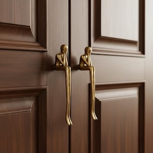 Op de afbeelding: Twee messingkleurige deurklinken, elk met een zittende figuur met het hoofd in de hand. Ze zijn gemonteerd op een donkerbruine houten deur met verzonken panelen, wat een uniek en artistiek designelement creëert.