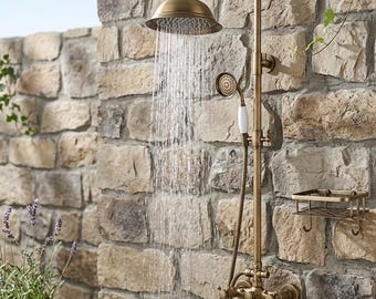 Antique Brass Outdoor Shower System Wall Mounted Rain Shower with Handheld Solid Brass Garden Pool Patio