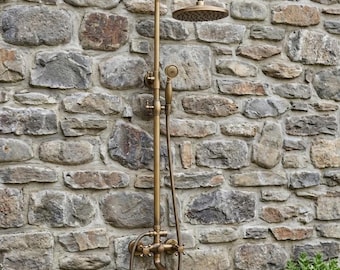Sistema de ducha exterior de latón antiguo, con sistema de lluvia mural y ducha de mano de latón macizo para jardín y patio.