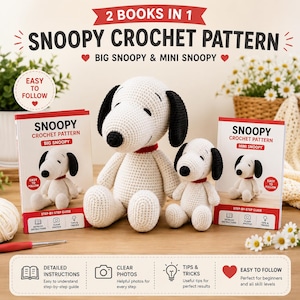 May include: A 2-books-in-1 Snoopy crochet pattern guide featuring Big Snoopy and Mini Snoopy. The set includes two instructional books with step-by-step guides, detailed instructions, clear photos, and tips and tricks for creating two white and black crocheted Snoopy figures with red collars.