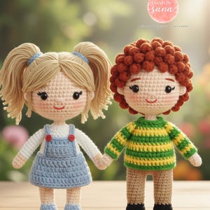 May include: A pair of handmade crochet dolls, a boy and a girl, holding hands. The girl doll has blonde pigtails and wears a blue dress. The boy doll has curly red hair and a green and yellow striped sweater. The text "THE COMPLETE AMIGURUMI" is at the top.
