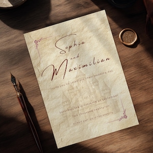 May include: Wedding invitation with the names "Sophia and Maximilian" in elegant script. The invitation is on aged paper with a castle illustration and floral accents. A vintage pen and wax seal are on the wooden surface.