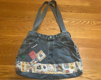Vintage Handmade Tote/Bag Made From Old Jeans Folk Art Quilts
