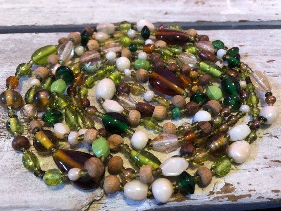 Extra Long Necklace Amber Shades Of Green Glass W… - image 3