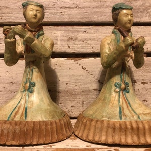 2 Old Tomb Figurines With Stands Asian Vintage Reproductions So Unique