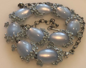 Vintage Thermoset Necklace/Choker Blue Moonglow Cabochons Enamel Flowers