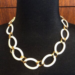Vintage Monet Wide Chain Necklace White Enamel Gold Tone