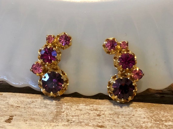 Vintage Austria Clip On Earrings Pink Purple Crys… - image 5