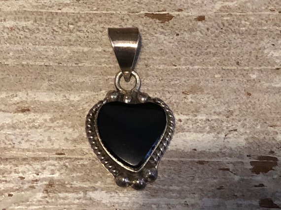 Vintage Taxco Sterling Heart Pendant Chunky Black… - image 1