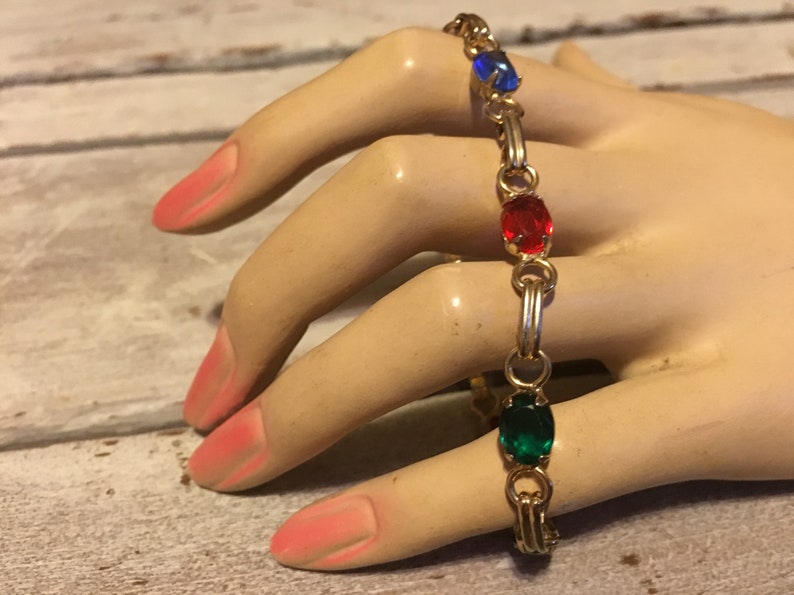 Vintage Rhinestone Link Bracelet Sparkly Jewel Tones