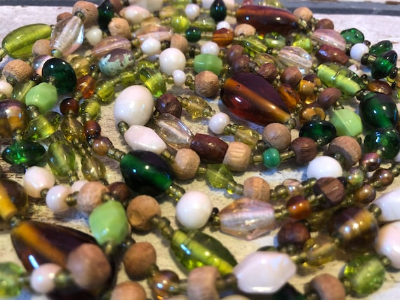 Extra Long Necklace Amber Shades Of Green Glass W… - image 1