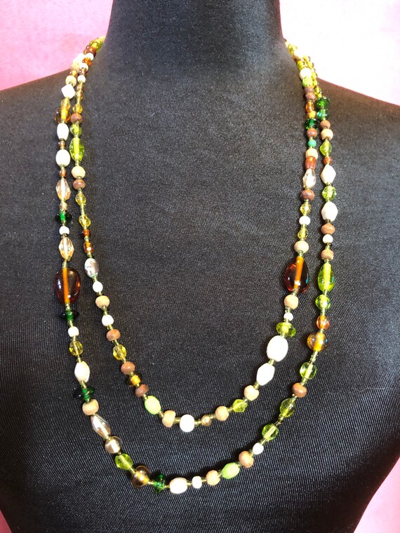 Extra Long Necklace Amber Shades Of Green Glass W… - image 4