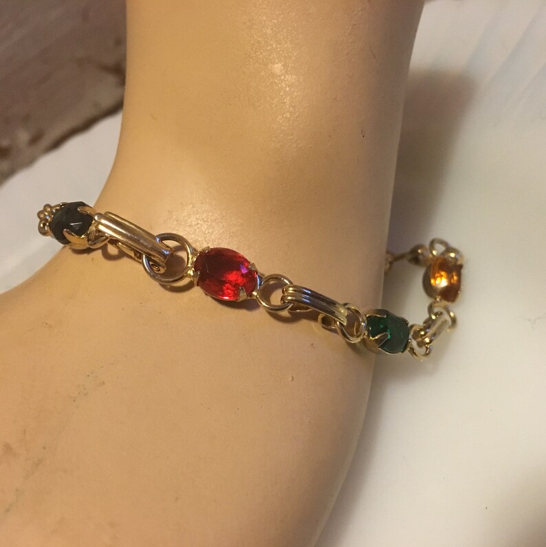Vintage Rhinestone Link Bracelet Sparkly Jewel Tones
