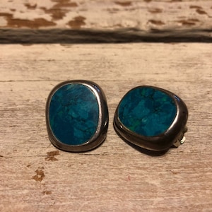 Vintage Polished Turquoise Sterling Earrings ATI Mexico 925 Chunky Modernist