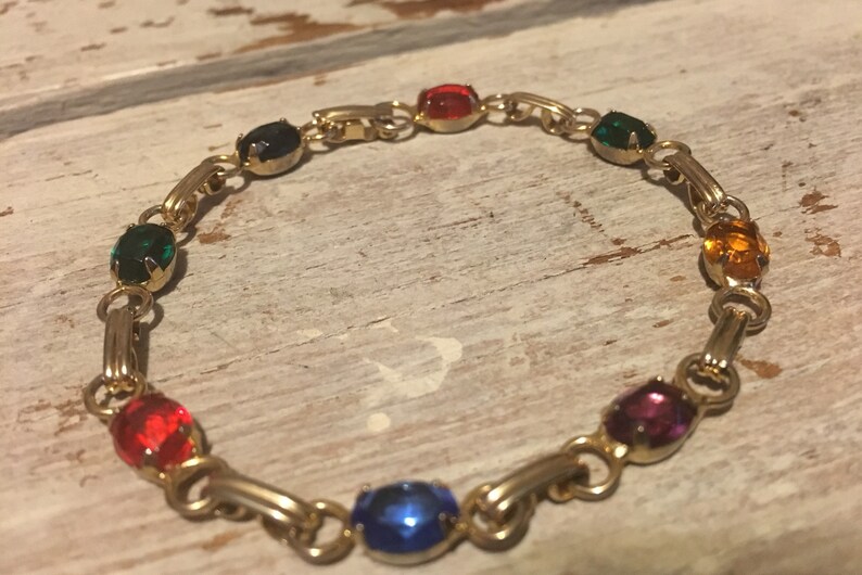 Vintage Rhinestone Link Bracelet Sparkly Jewel Tones