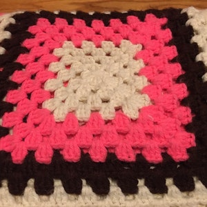 Vintage  Granny Square Crocheted Afghan Throw Bright Pink Brown White 65&quot; x 45&quot;