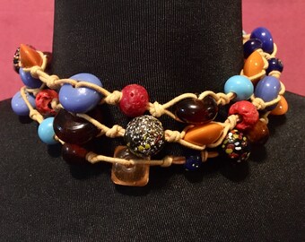 Woven Colorful Glass Bead Necklace Choker Boho Hippie Chic