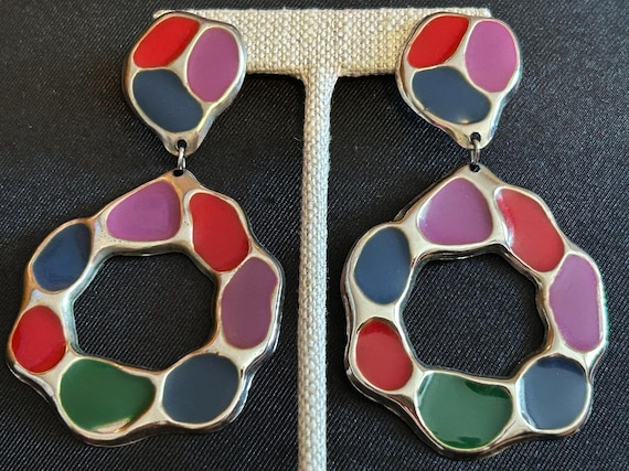 Extra Large Dangling Hoops Earrings Colorful Enam… - image 2