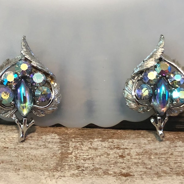 Vintage Coro Clip On Earrings Iridescent Blue Rhinestones Bright Silver Tone