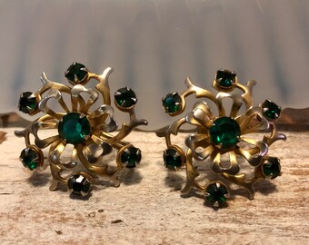 Vintage Screwback Earrings Emerald Green Rhinestones