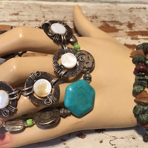 Three Vintage Toggle Clasp Bracelets Mother of Pearl Natural Stones Lot Boho Hippie Chic