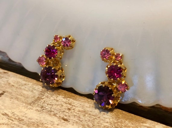 Vintage Austria Clip On Earrings Pink Purple Crys… - image 1
