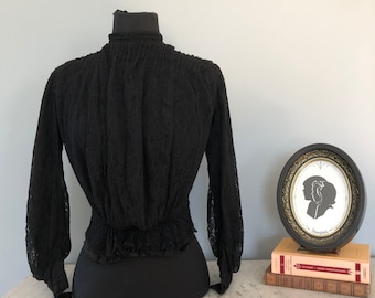 Antique Black Lace Blouse Silk Lined XS Edwardian Estate Piece Morticia Wednesday Addams