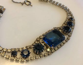Vintage Blue Sapphire Color Clear Rhinestone Bracelet Safety Chain