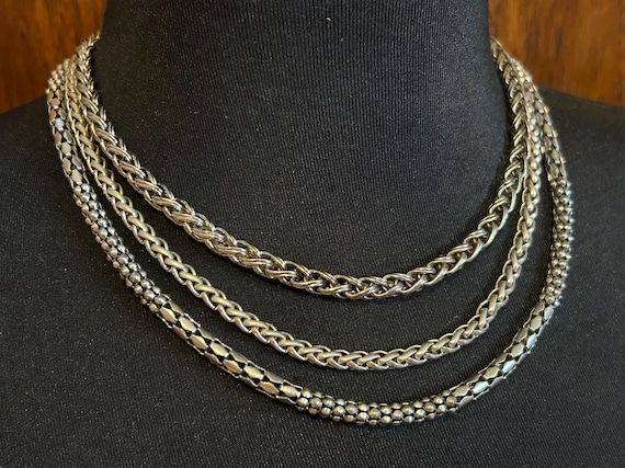 Three Chunky Silvertone Chain Necklaces Lot Braided Woven