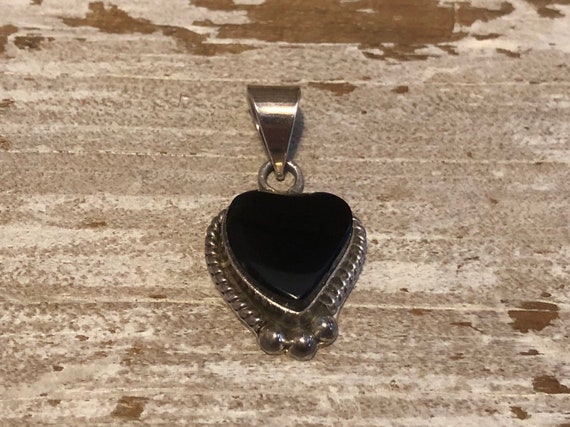 Vintage Taxco Sterling Heart Pendant Chunky Black… - image 2