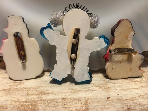Three Large Whimsical Snowmen Brooches Fun Christ… - image 5