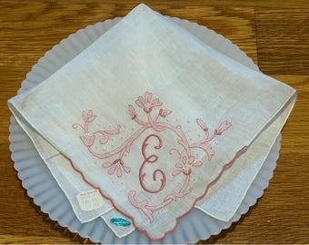 Vintage Hankie Monogrammed E Pink White Linem Handkerchief