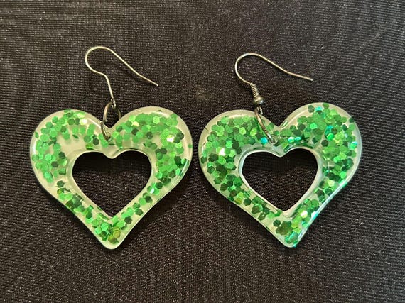 Fun Green Glitter Heart Earrings