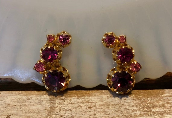 Vintage Austria Clip On Earrings Pink Purple Crys… - image 2