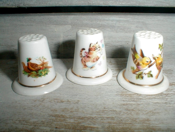 Porcelain China Thimbles Set of Three Children & Kittens Porcelain China Thimbles Set of Three Children & Kittens