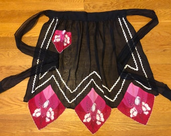 Vintage Semi Sheer Apron Handkerchief Hem Black With Pink Floral And Rick Rack