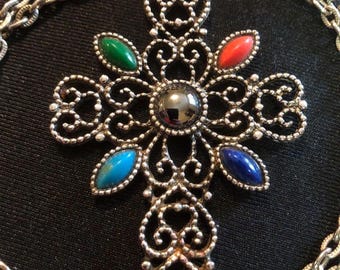 Large Avon Cross Pendant Necklace Colorful Stones Silver Filigree