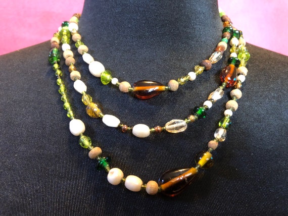 Extra Long Necklace Amber Shades Of Green Glass W… - image 2
