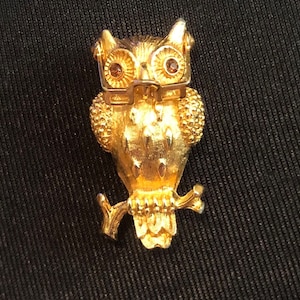 May include: A gold-tone owl brooch with a pair of glasses and brown rhinestones for eyes. The owl is perched on a branch.