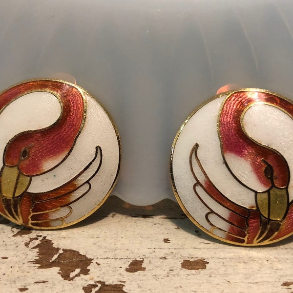 Vintage Flamingo/Bird Cloisonne Earrings Clip Ons