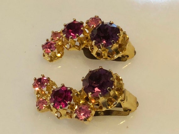 Vintage Austria Clip On Earrings Pink Purple Crys… - image 3