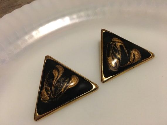Vintage Black Enamel Earrings Shimmery Gold 80s F… - image 2