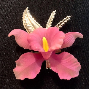 Vintage Rosa Celluloid Orchidee Brosche Wunderschön Detaillierte Blume Pin