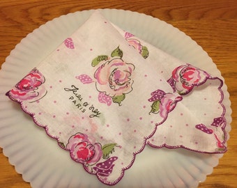 Vintage Hankie/Handkerchief Flowers Polka Dots Paris Scalloped Edges