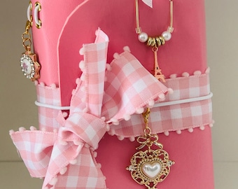Leather Journal Cover “Pink Petunia”, 1 front Charm, 1 side charm, custom paper clip, ribbon and inserts included