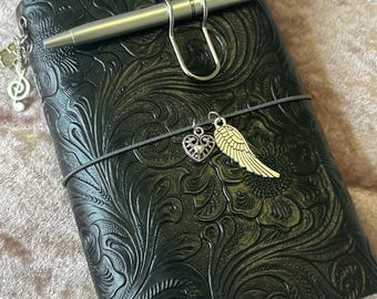 Black A6 Leather Traveler's Journal Cover, Charms, Inserts Included, pen and clips sold separately