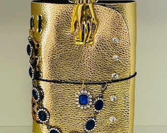 Gatsby Gold Leather Traveler's Journal Cover, front jewel bling, charm and chain link included, 2 Inserts Included. *Clip sold separately*