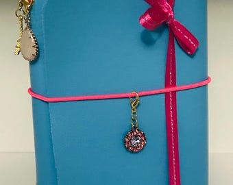 Leather Journal Cover “Blue-Belle”, 1 front Charm, 2 side charms, Inserts Included